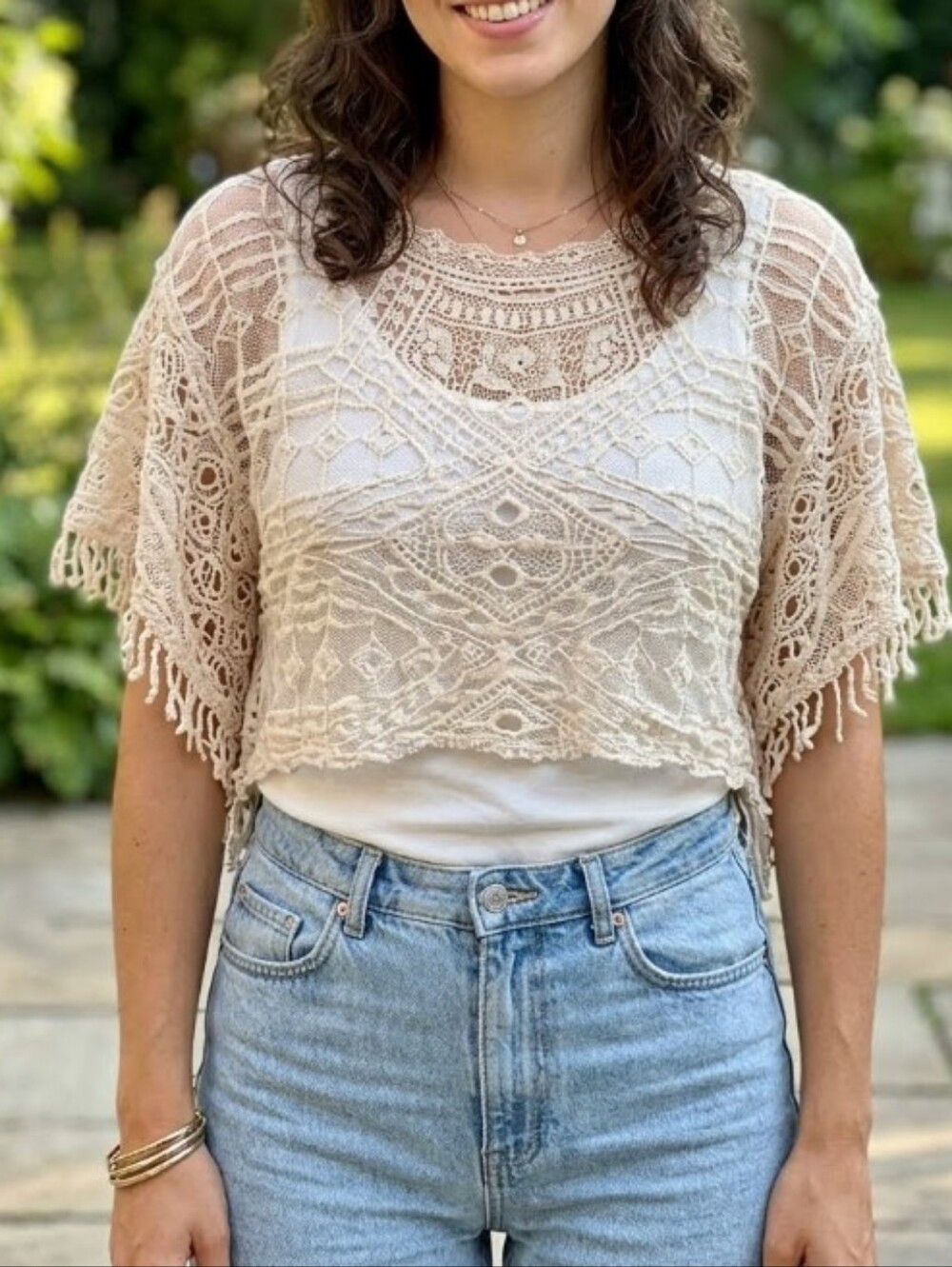 Origami Boho Crochet Fringe Top in Beige Origami by vivien